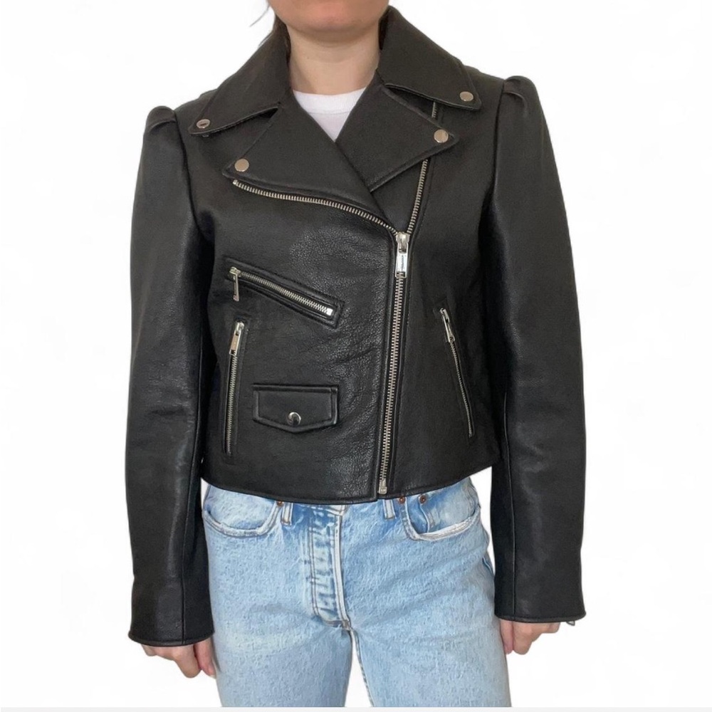 Michael by Michael Kors Genuine Leather Puff Sleeve Moro Jacket ✨